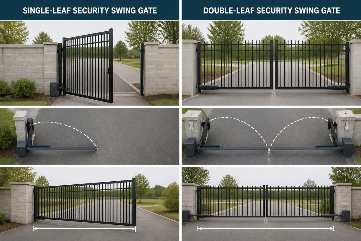 Single-leaf and double-leaf security swing gate configurations