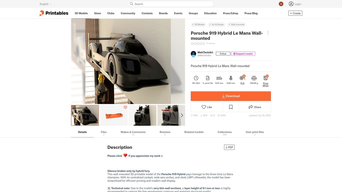 As 12 melhores coisas para imprimir em 3D em 2025 que deve experimentar - Porsche 919 Hybrid Wall Art