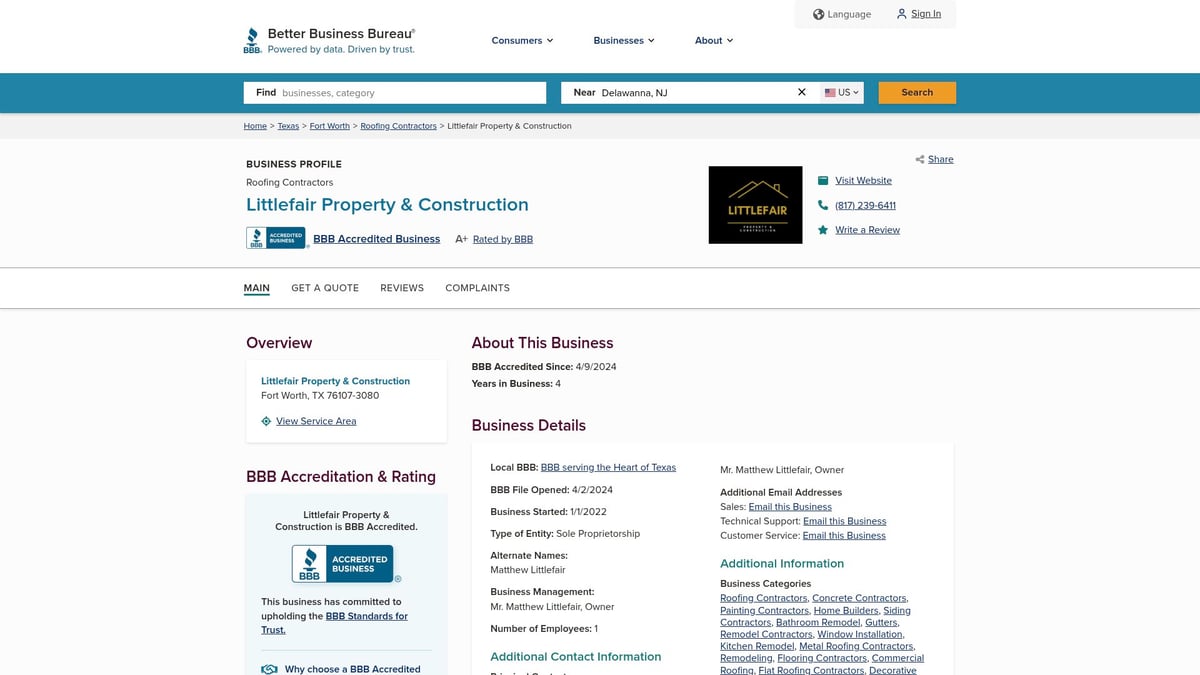 Littlefair Property & Construction business profile on Better Business Bureau website, featuring A+ rating, contact information, and service offerings for roofing, concrete, and painting in Fort Worth, TX.