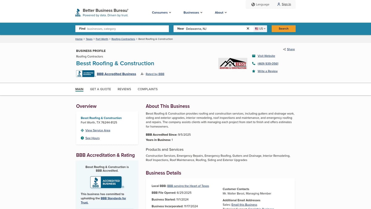 Besst Roofing & Construction business profile from Better Business Bureau, showcasing services like roofing, gutters, and emergency repairs, emphasizing reliability and customer support.