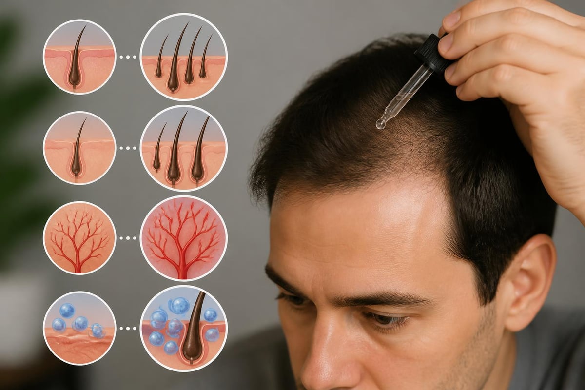 Diagram of how topical minoxidil boosts scalp blood flow and extends the hair growth phase to treat thinning