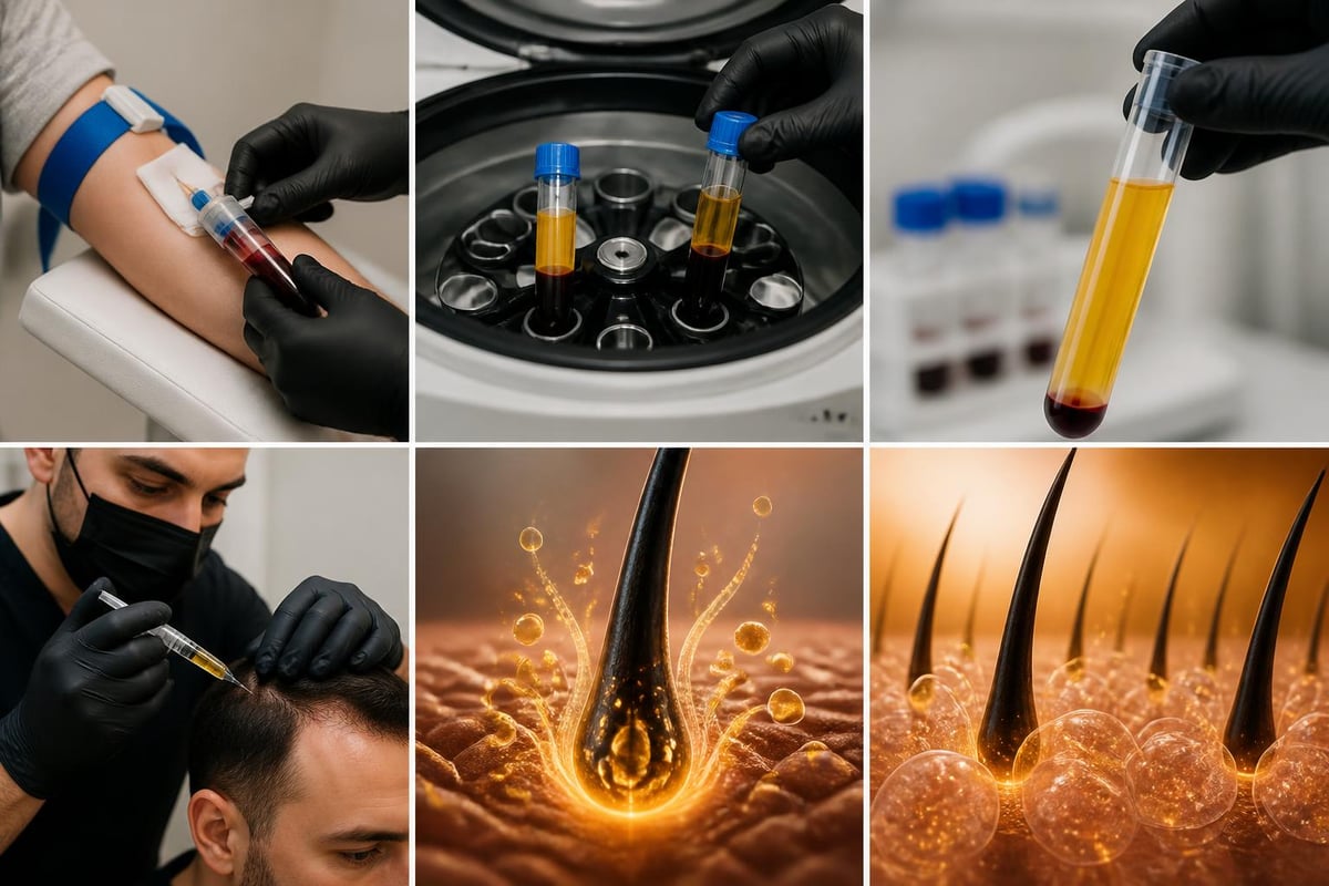 Platelet-rich plasma hair loss treatment showing blood draw centrifuge and scalp injection of concentrated growth factors