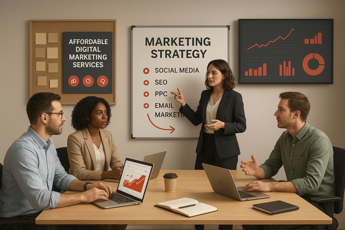 Marketing team meeting with a whiteboard listing 