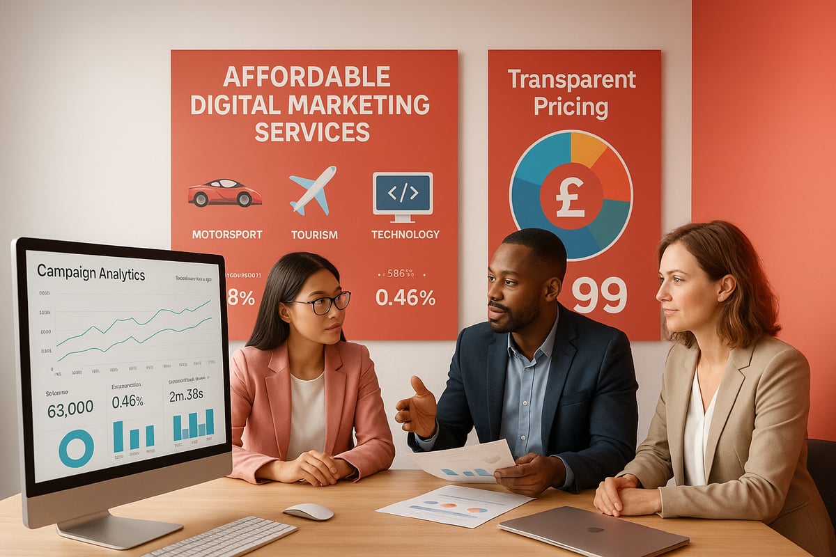 Three people in a meeting, discussing data. Red wall with marketing graphics. Computer screen with charts.