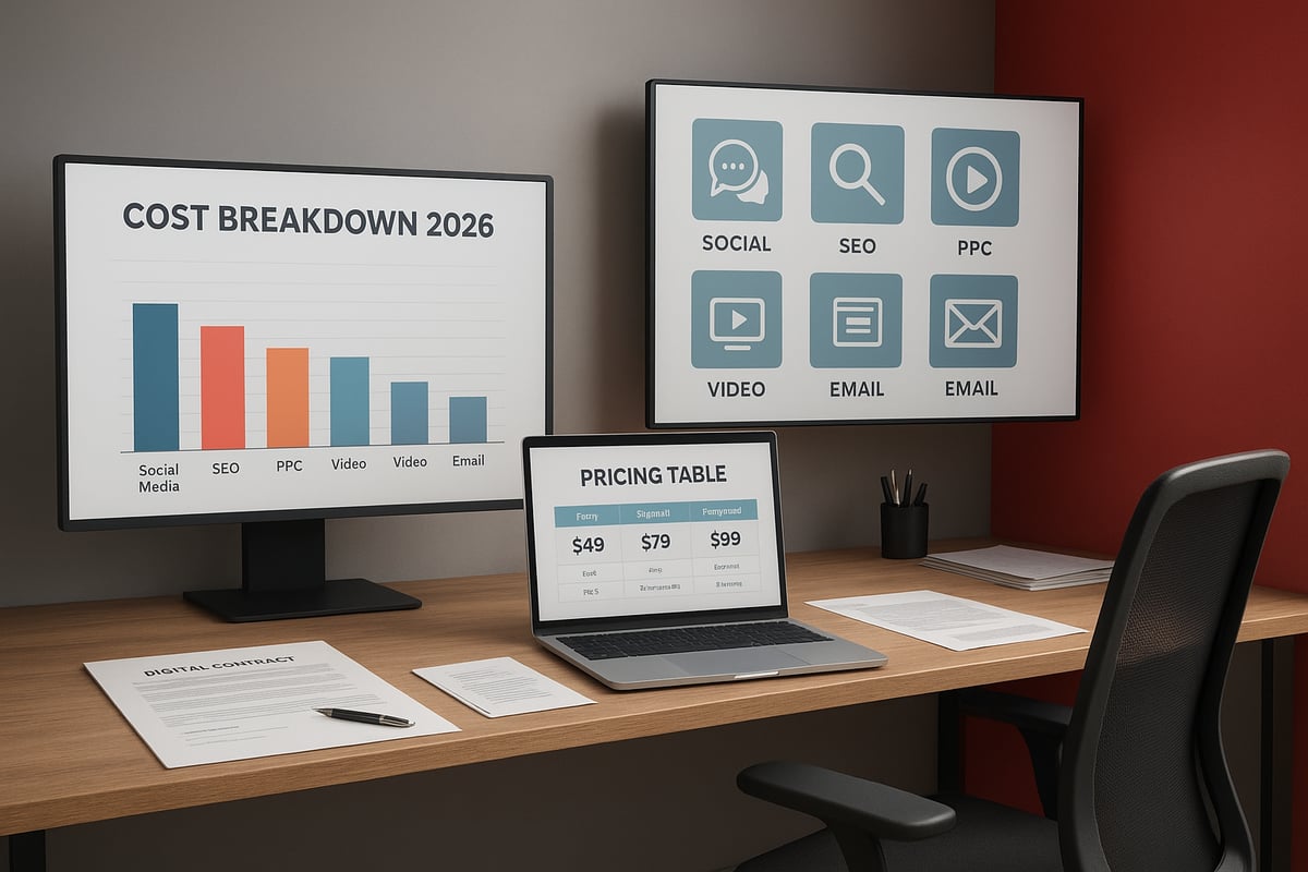 Office desk with two monitors displaying data visualizations and a laptop displaying financial information.