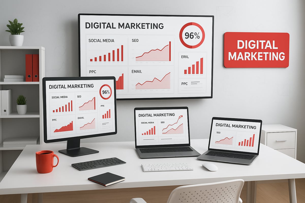 Office desk with monitors displaying digital marketing graphs, red color scheme.