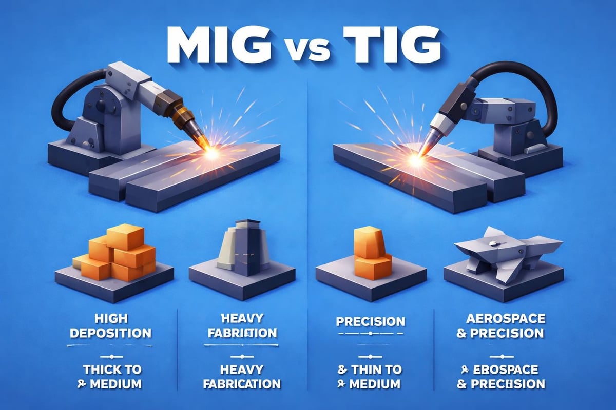 MIG vs TIG welding comparison illustration highlighting key features: MIG welding for high deposition and heavy fabrication, TIG welding for precision and aerospace applications, with visual elements representing material thickness and welding capabilities.