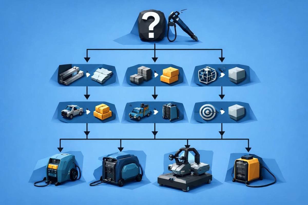Flowchart illustrating equipment selection for industrial welding processes, featuring a welding torch and various machinery options, including welding machines and material handling vehicles.