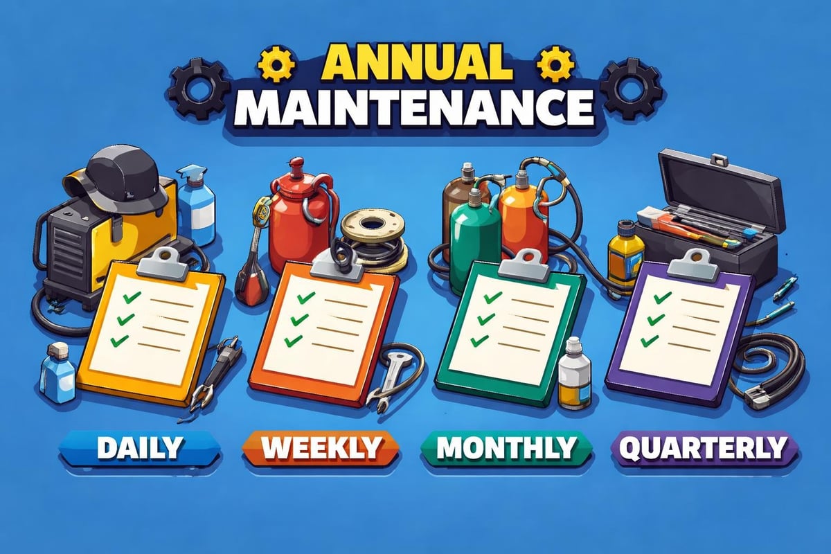 Annual maintenance checklist graphic featuring welding equipment, maintenance supplies, and colored checklists labeled "Daily," "Weekly," "Monthly," and "Quarterly," emphasizing the importance of regular upkeep for industrial welding machines.
