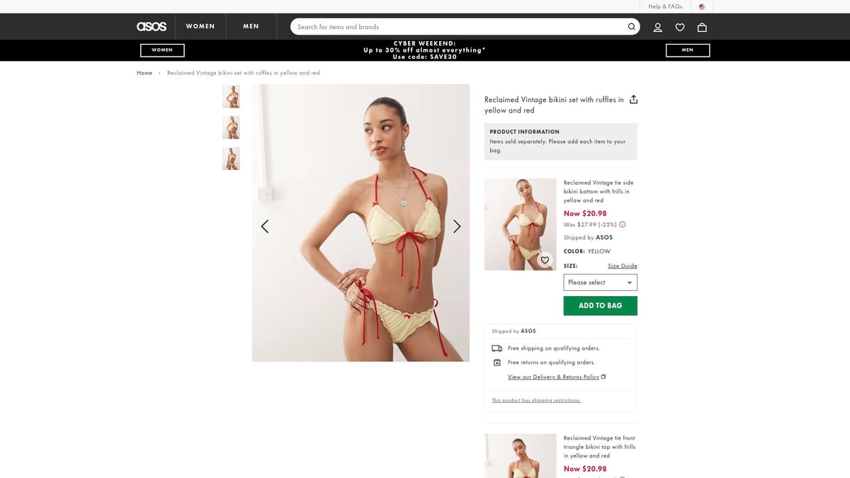 7 Must-Have Yellow Swimwear Styles for Summer 2026 - Reclaimed Vintage Bikini Set with Ruffles in Yellow and Red