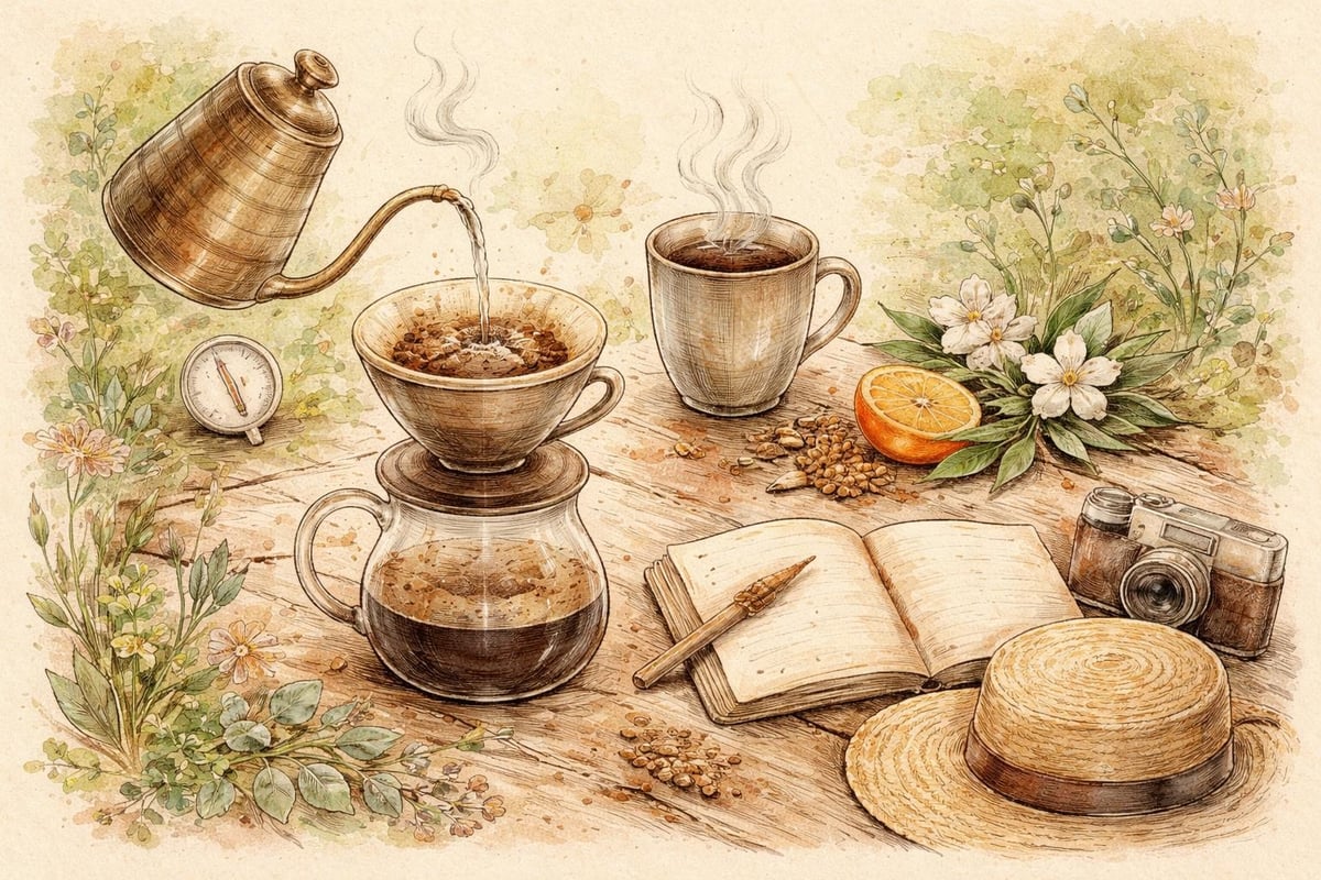 Morning coffee ritual elements during travel