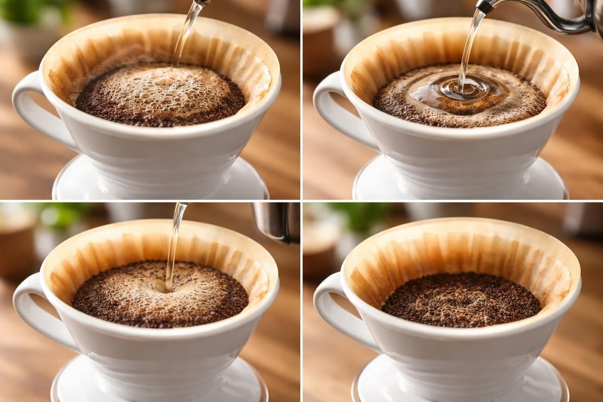 Single cup pour-over process stages