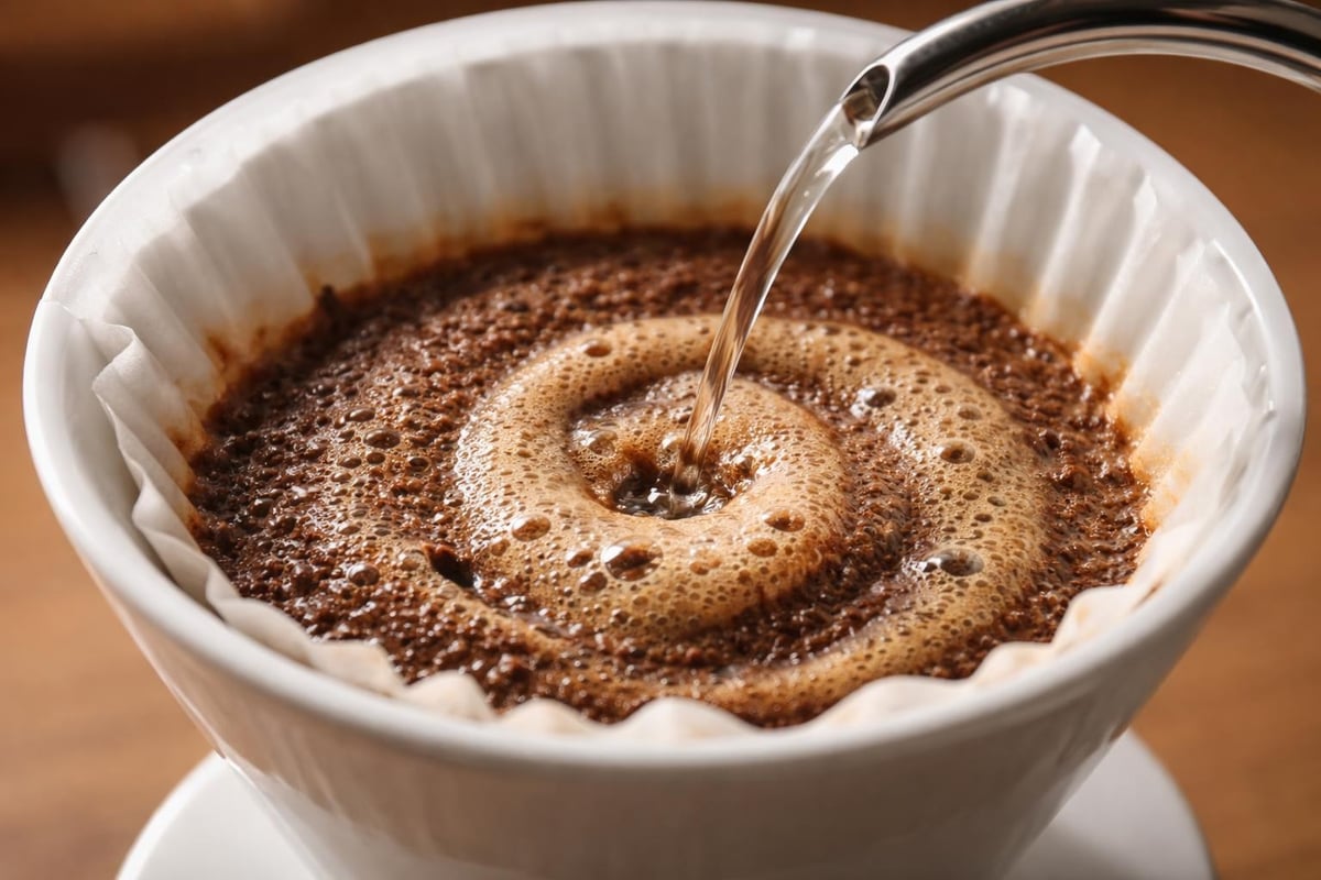 Coffee bloom and spiral pour technique