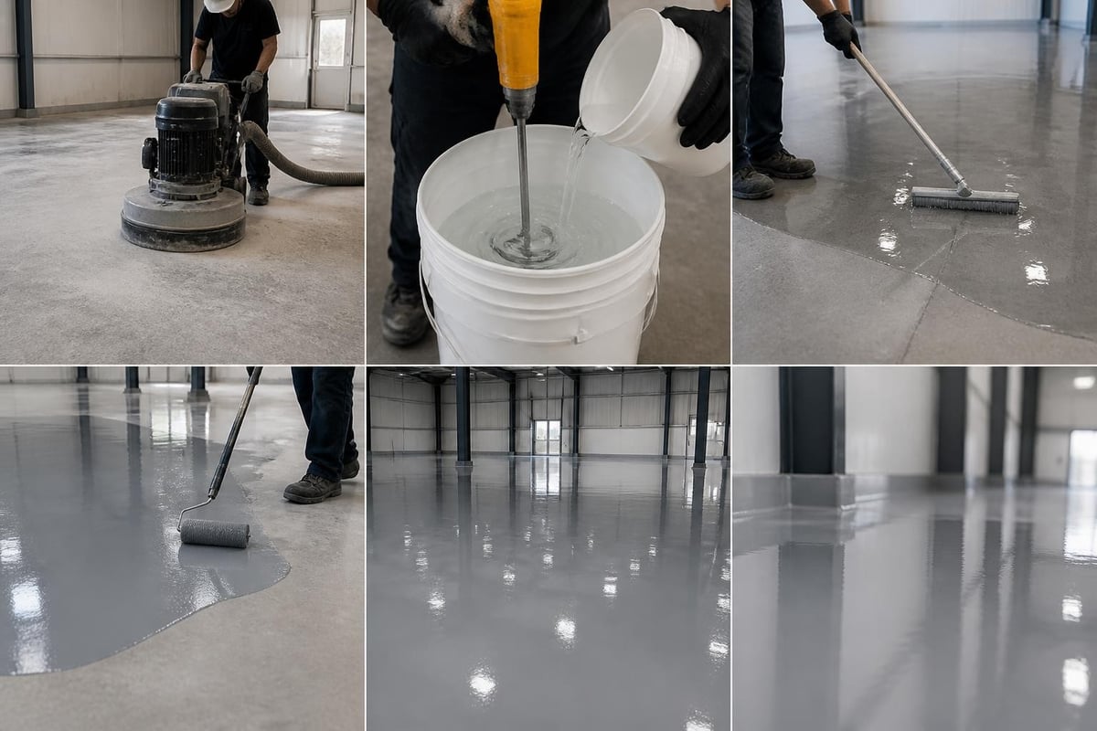Epoxy floor finish application stages