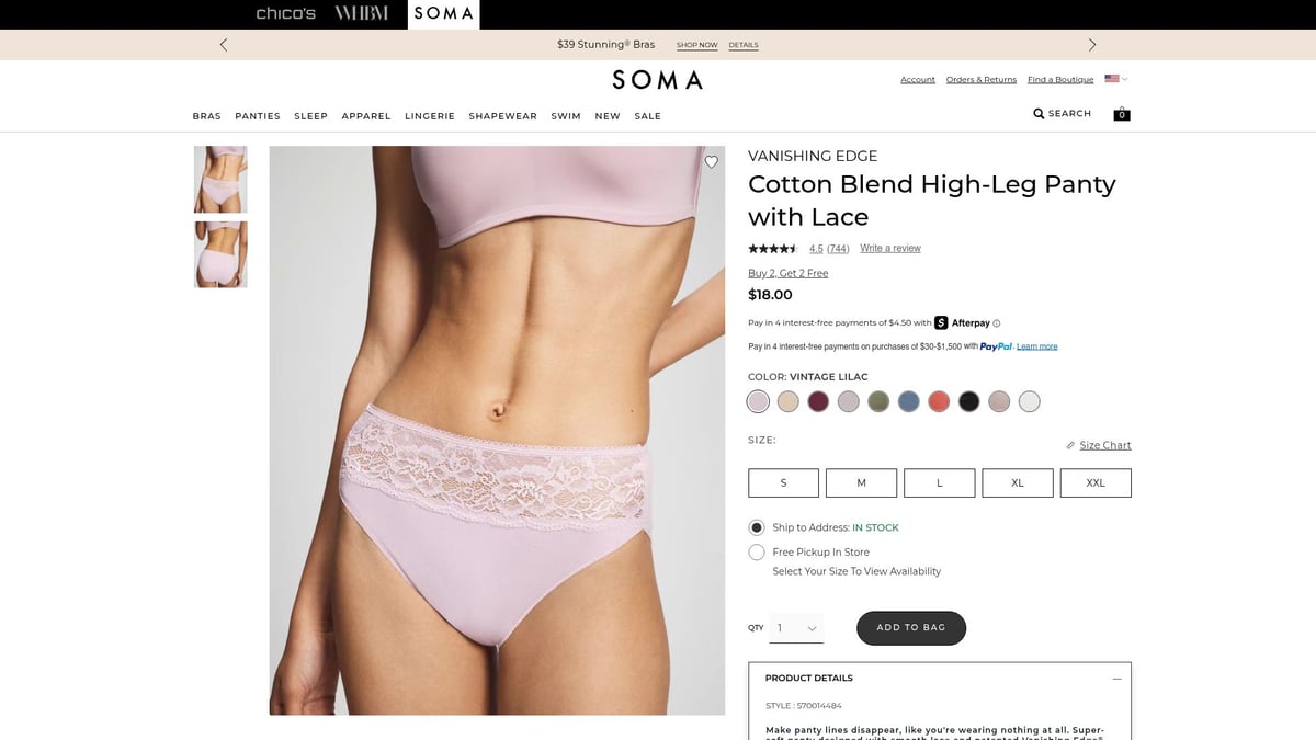 7 Best Invisible Panties for Seamless Comfort in 2025 - Soma Vanishing Edge Cotton Blend High-Leg Panty with Lace