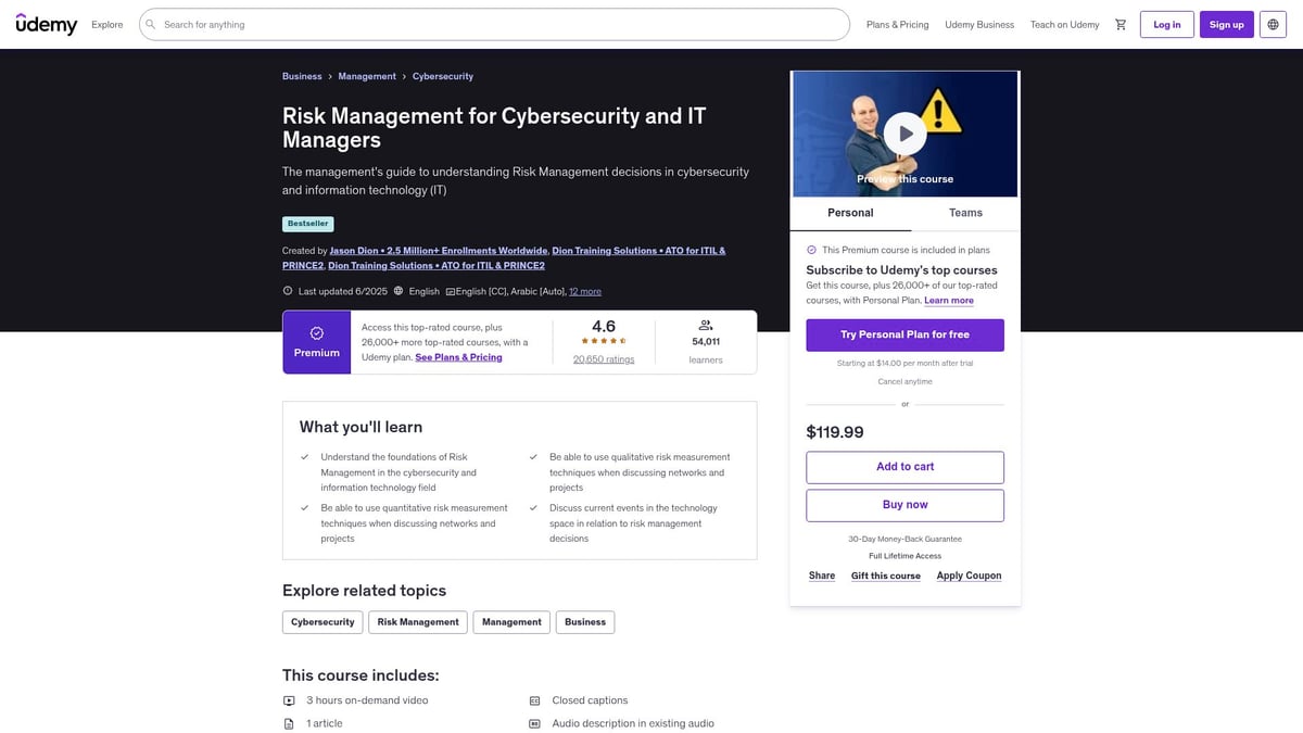 7 Best Risk Management Courses to Boost Your Career in 2025 - Risk Management for Cybersecurity and IT Managers (Udemy)