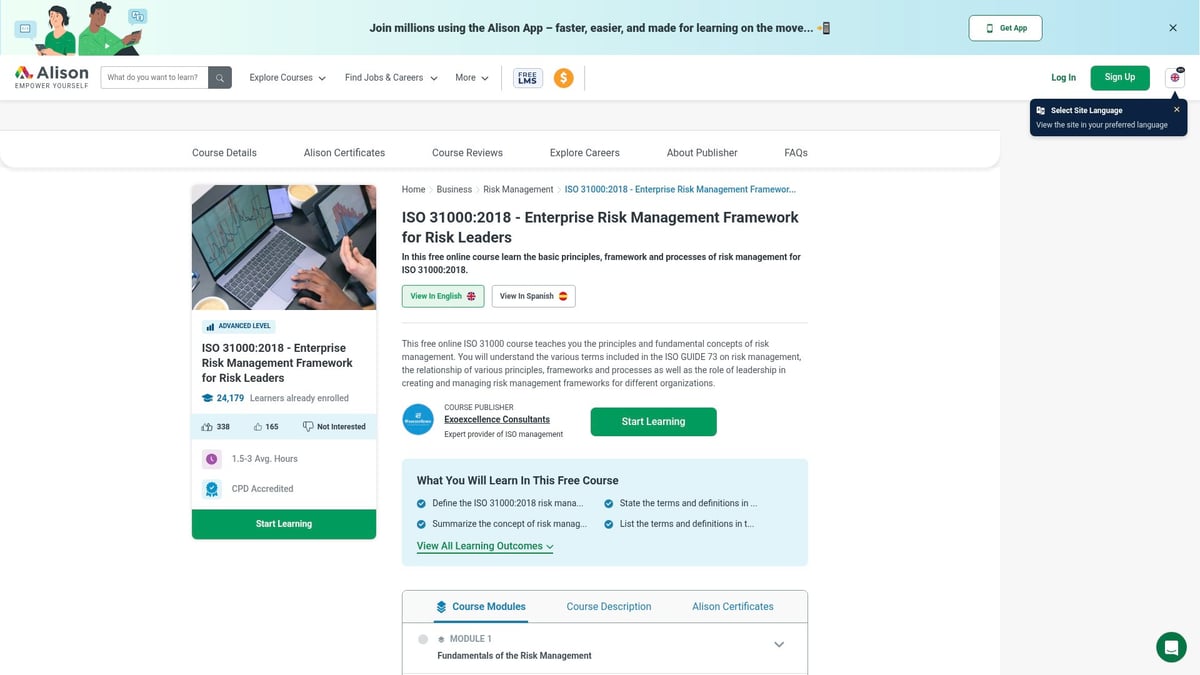 7 Best Risk Management Courses to Boost Your Career in 2025 - ISO 31000:2018 - Enterprise Risk Management Framework for Risk Leaders (Alison)
