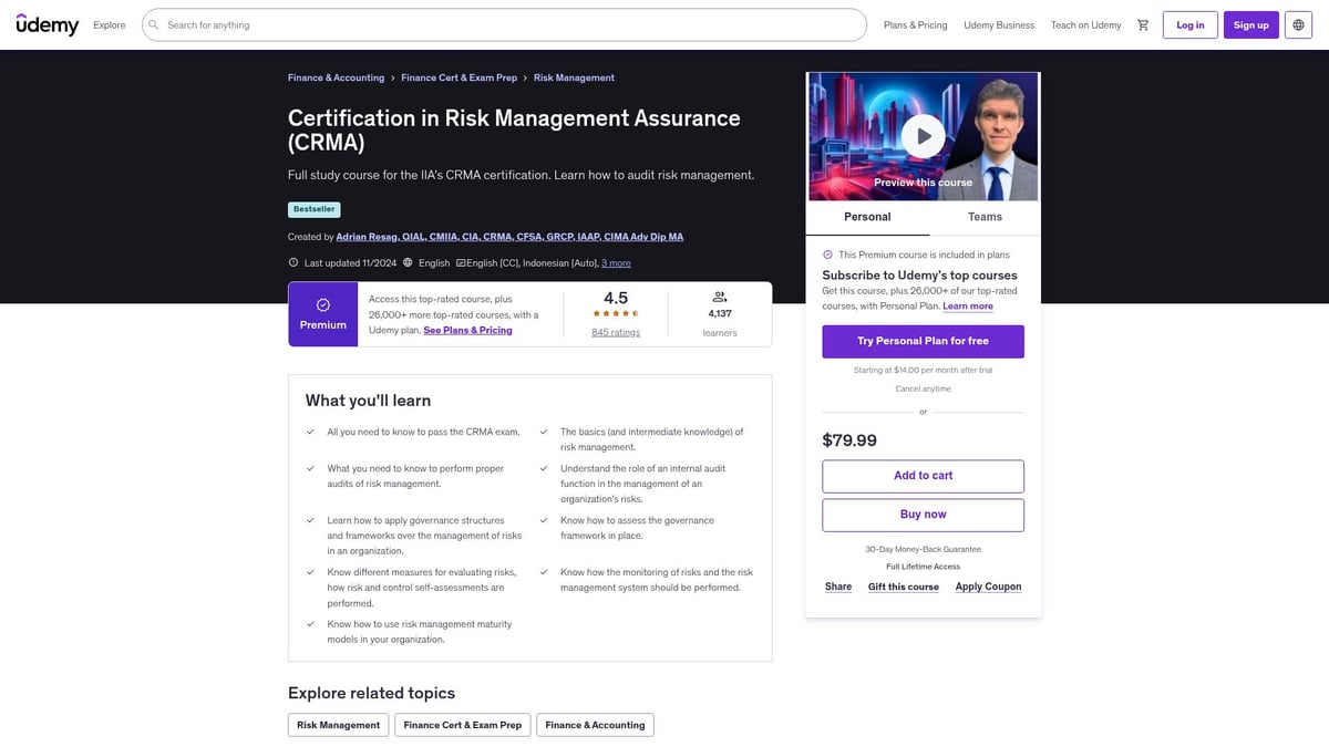 7 Best Risk Management Courses to Boost Your Career in 2025 - Certification in Risk Management Assurance (CRMA) (Udemy)