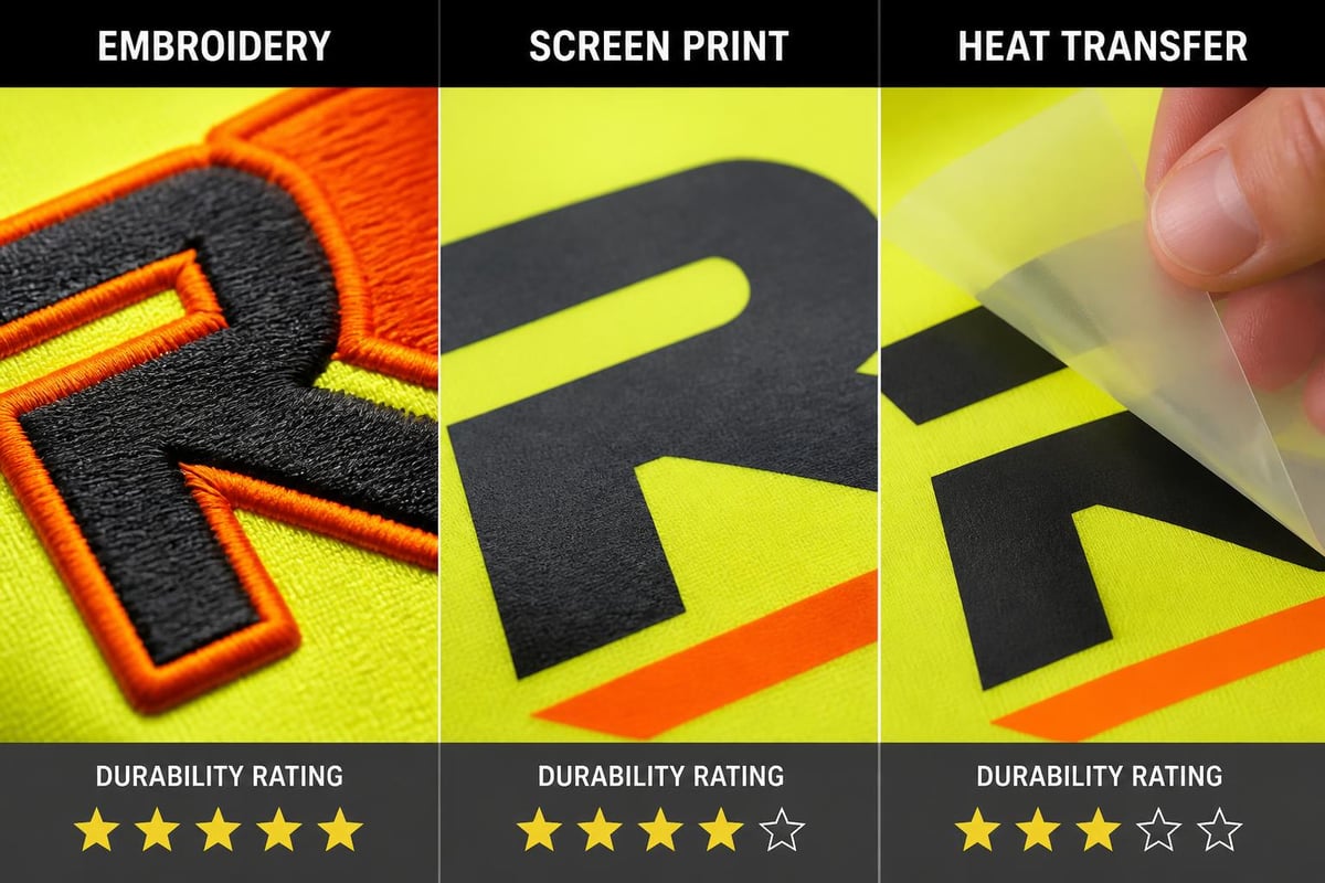 Comparison of embroidery and printing methods on hi vis fabric