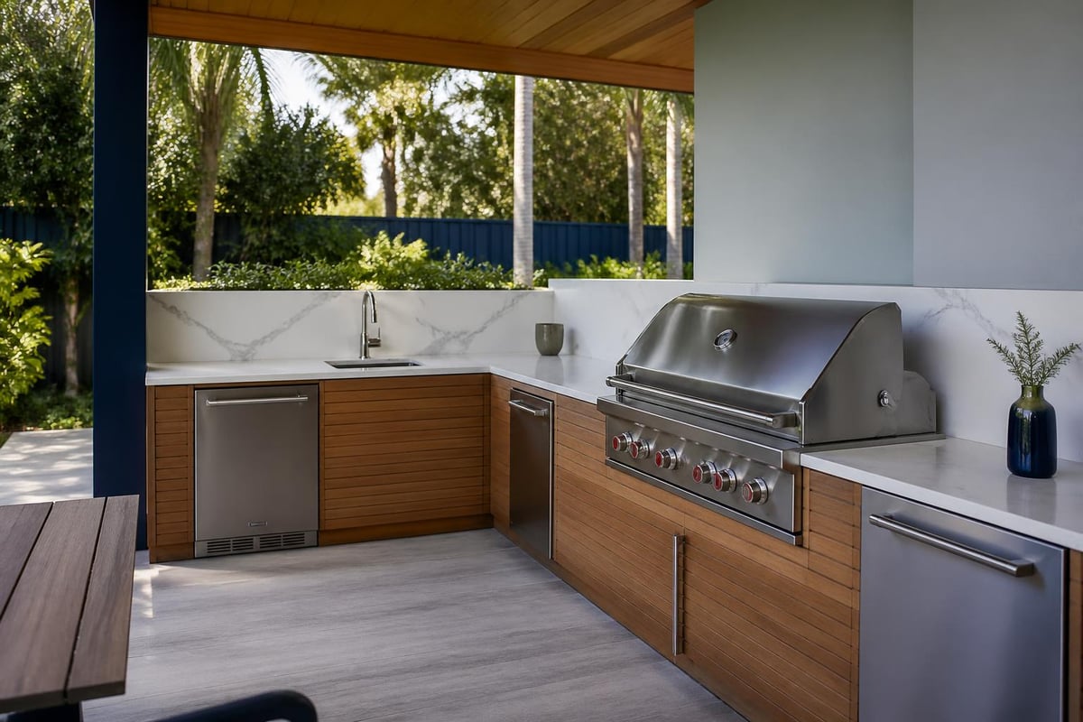 Material layering in outdoor kitchens