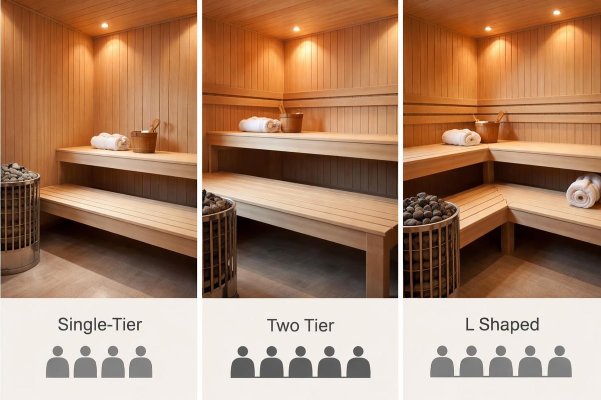 Sauna cabin bench configurations