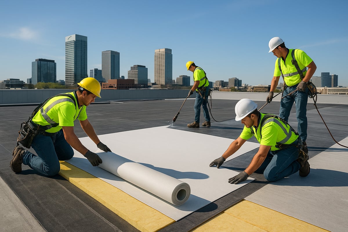 Workers installing commercial roofing materials on a flat rooftop in an urban setting, showcasing teamwork and safety measures with bright yellow vests and hard hats, relevant to the process of commercial roof replacement.