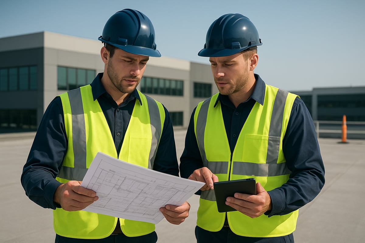 Two construction workers in safety vests and helmets reviewing blueprints and discussing project details on a commercial roofing site.