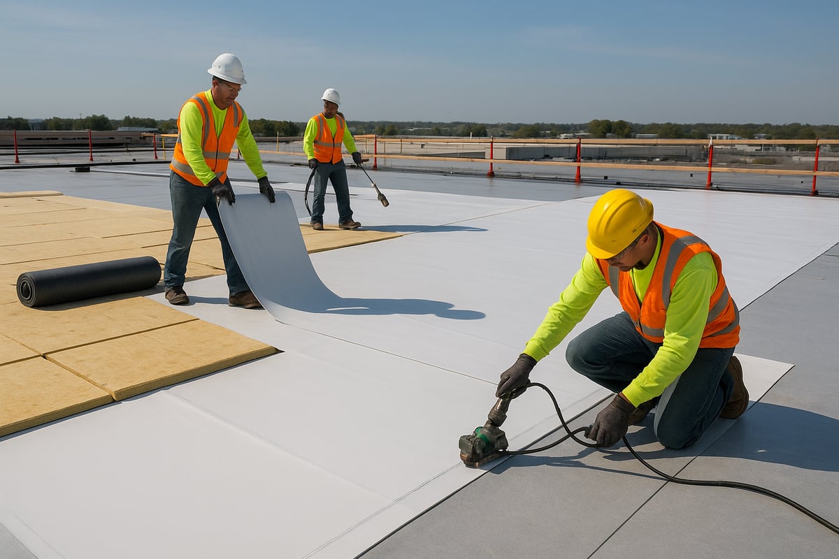 Construction workers installing a commercial roofing system, featuring white membrane material, on a flat rooftop, with safety gear including hard hats and reflective vests.