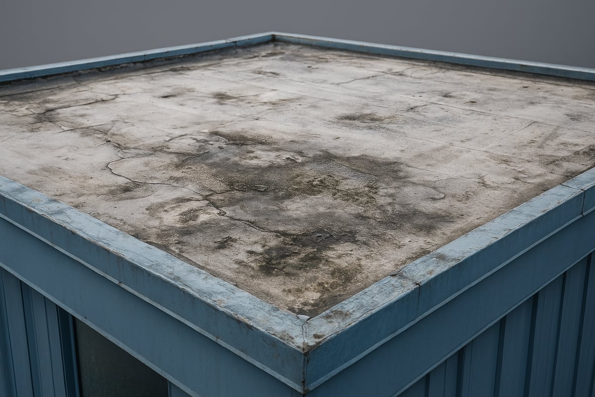 Commercial flat roof showing cracks, stains, and potential wear, indicating need for replacement, relevant to commercial roof replacement guidance.
