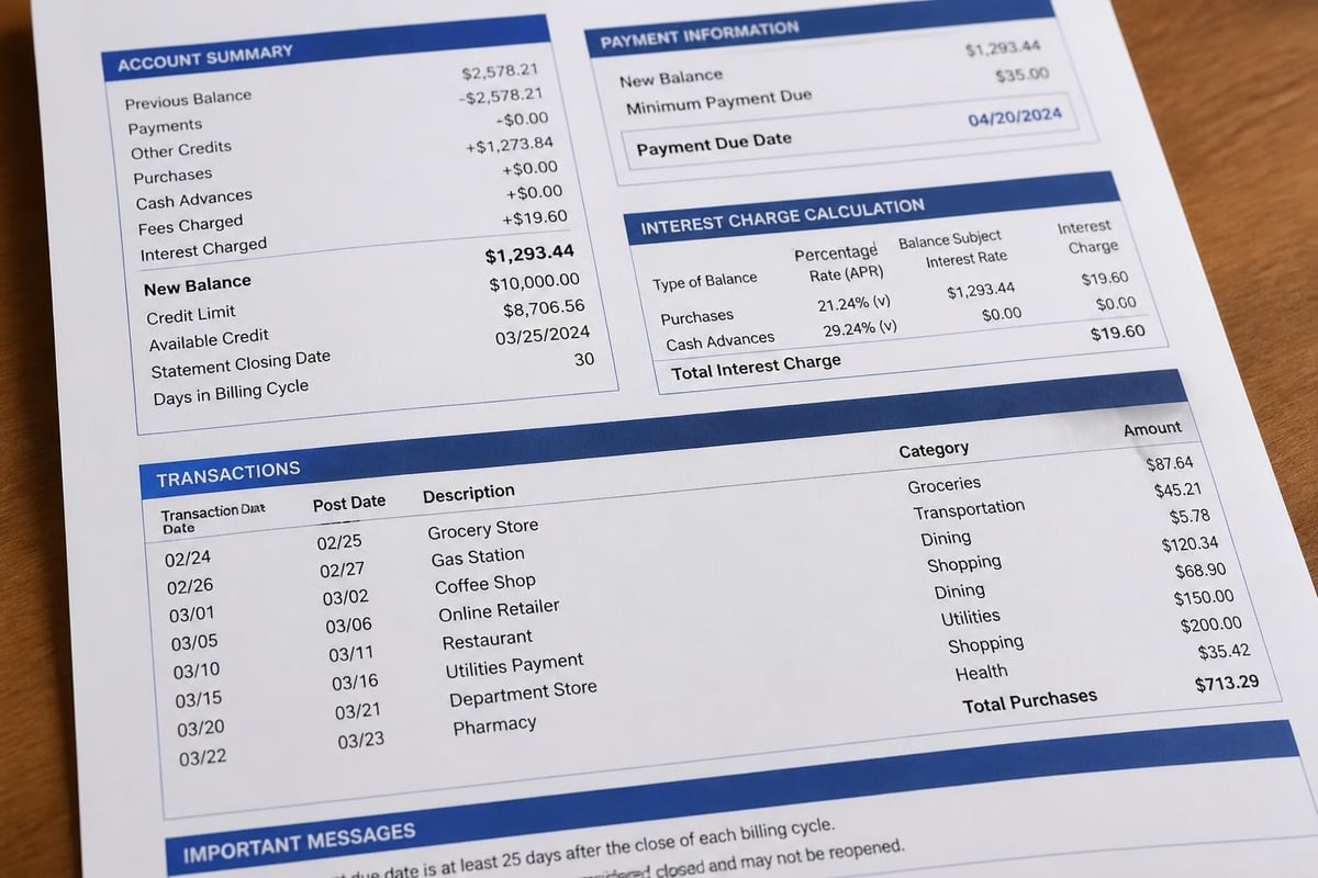 Credit card statement sections