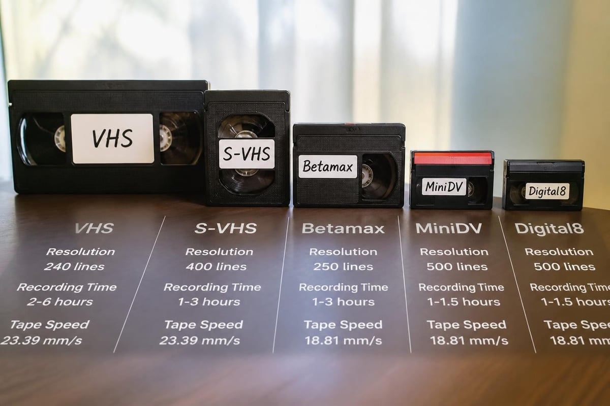 VCR cassette format comparison chart