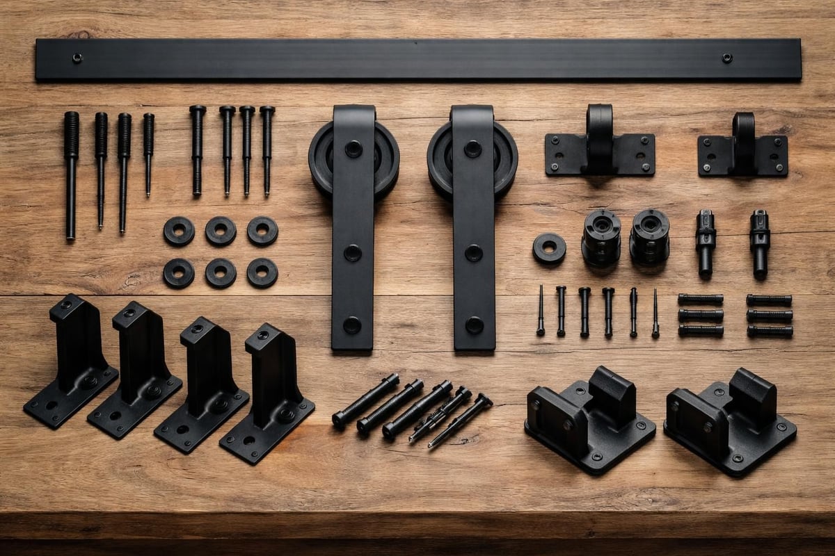 Hardware components for barn door systems