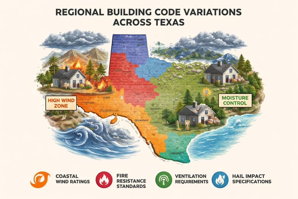 Map illustrating regional building code variations across Texas, highlighting high wind zones, moisture control areas, and key requirements like fire resistance and ventilation specifications, relevant for roofing regulations and material selection.