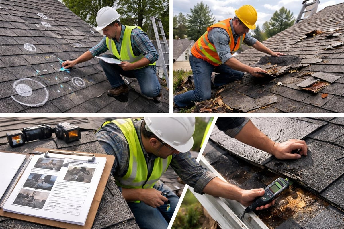 Roofing contractor inspecting shingles for storm damage, documenting findings with clipboard, assessing flashing integrity and moisture levels, using tools for professional evaluation.