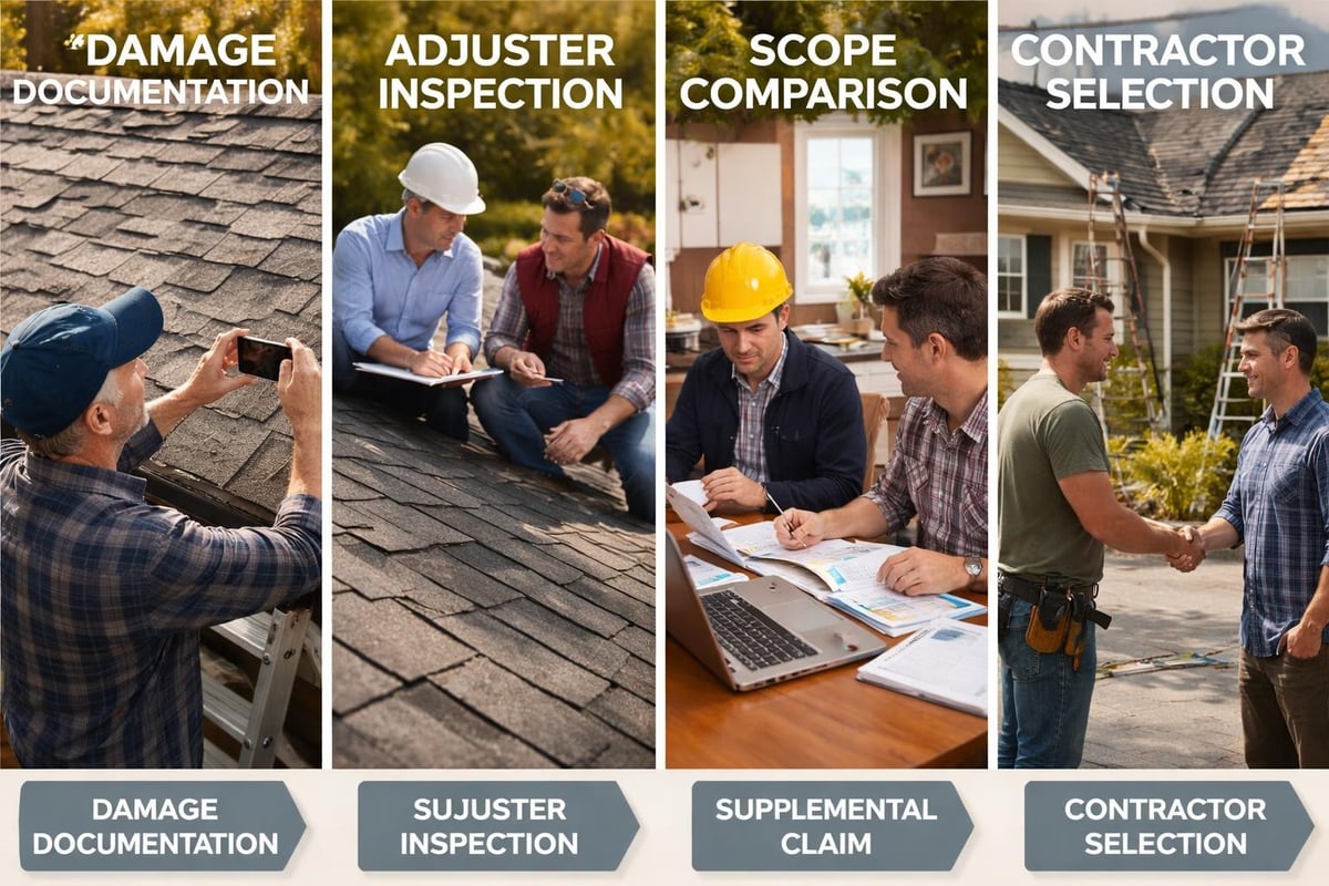 Damage documentation process, insurance adjuster inspection, scope comparison for roofing claims, contractor selection in Texas roofing services.