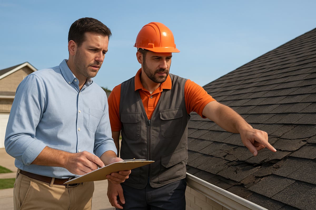 Homeowner and roofing contractor inspecting damaged roof shingles, discussing roof repair options and insurance claim process.