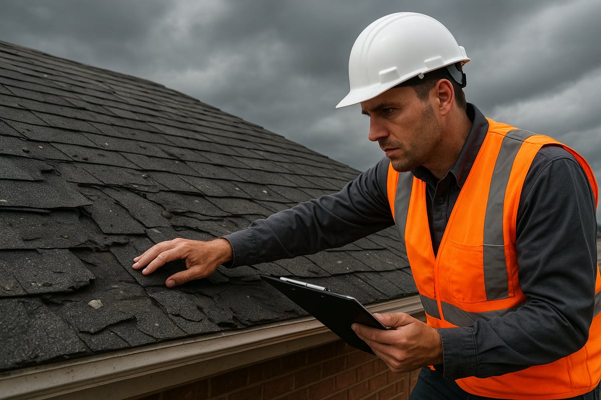 Professional roofing inspector evaluating damaged shingles on a residential roof, wearing a hard hat and safety vest, with a clipboard in hand, under a cloudy sky.