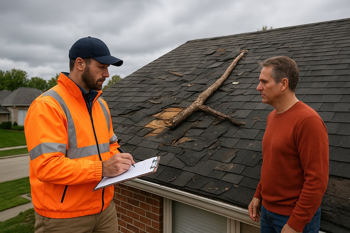 Roof inspector in high-visibility jacket assessing hail damage on a residential roof with a homeowner, highlighting home insurance roof repair considerations.
