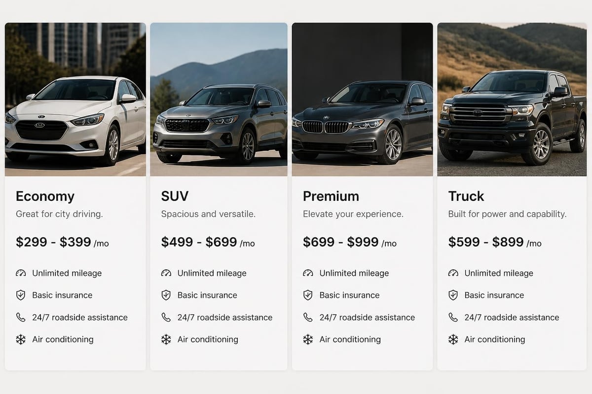 Vehicle types and monthly pricing
