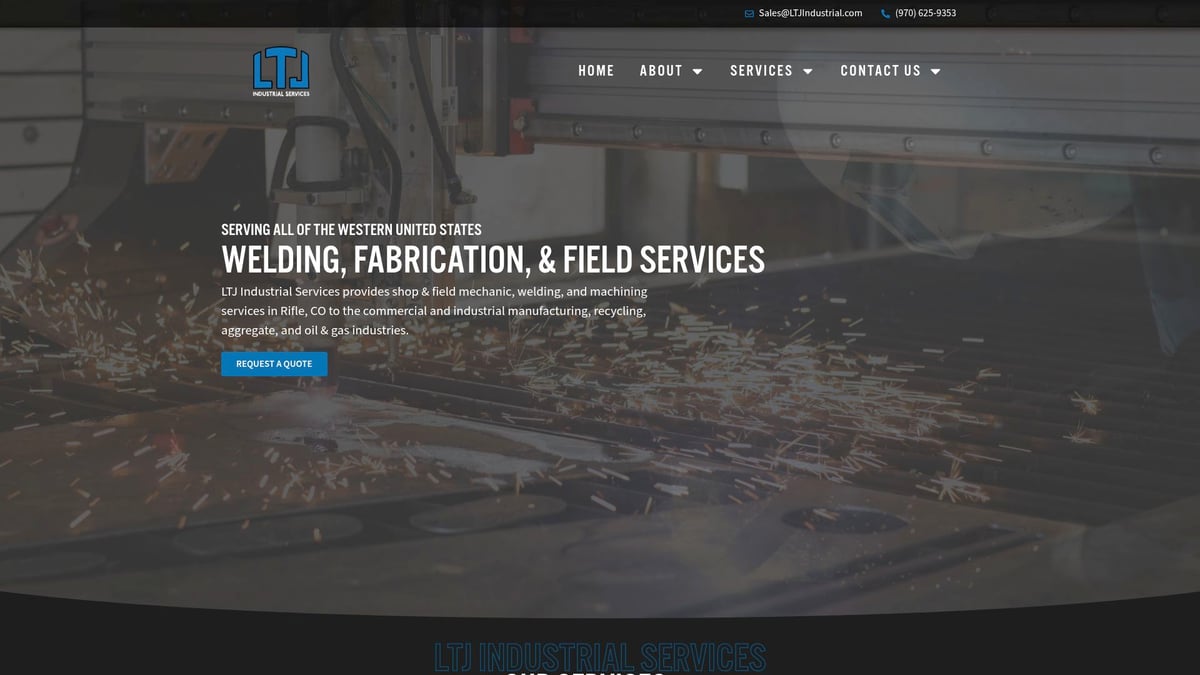 LTJ Industrial Services logo and CNC plasma cutting equipment with sparks, emphasizing precision welding and fabrication services in the Western United States.