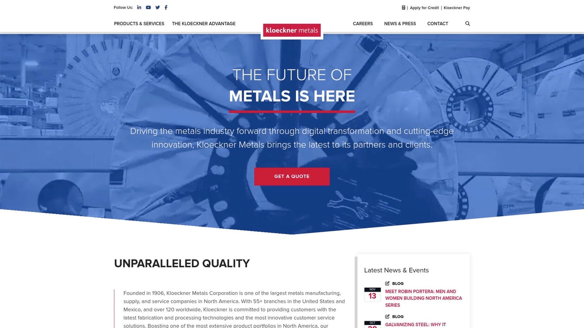Kloeckner Metals Corporation homepage showcasing advanced machinery and digital transformation in the metals industry, emphasizing precision CNC plasma cutting services for commercial and industrial sectors.