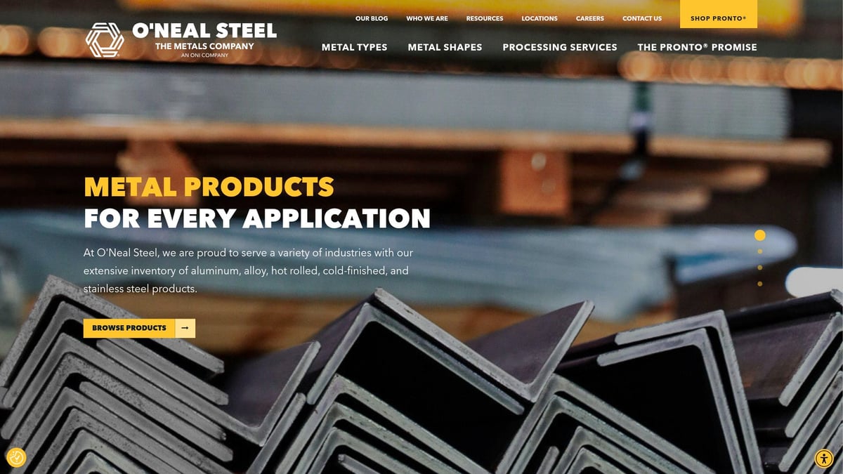 O'Neal Steel's homepage showcasing a variety of metal products, including aluminum and steel shapes, emphasizing their extensive inventory and applications for industrial sectors.
