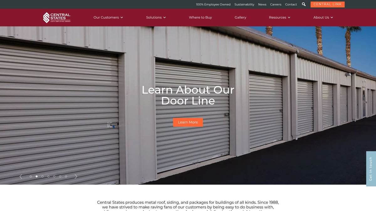 Metal storage units with roll-up doors, representing Central States Manufacturing's focus on high-volume sheet metal projects and precision CNC plasma cutting services.