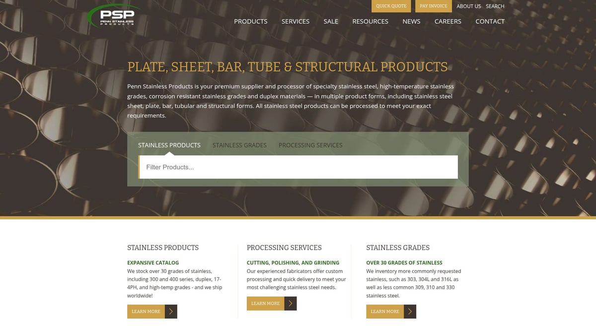 Penn Stainless Products website showcasing specialty stainless steel products, including plate, sheet, bar, tube, and structural forms, emphasizing high-temperature stainless grades and corrosion resistance.