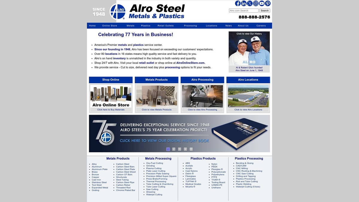 Alro Steel website showcasing precision CNC plasma cutting services, emphasizing extensive inventory, multiple locations, and commitment to customer satisfaction.