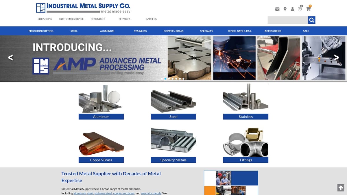 Industrial Metal Supply Co. website banner featuring advanced metal processing services, showcasing various metal types including aluminum, steel, copper, and brass, emphasizing precision cutting and fabrication solutions.