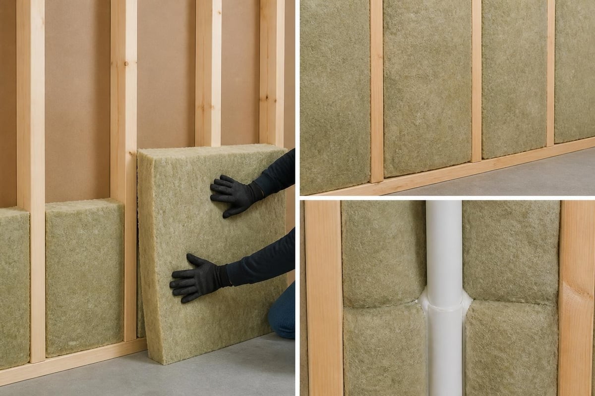 Step-by-step installation of acoustic batts in wall cavity