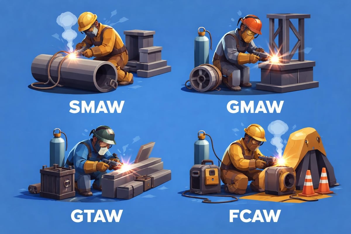 Illustration of four welding processes: Shielded Metal Arc Welding (SMAW) with a welder on a pipe, Gas Metal Arc Welding (GMAW) with a welder on a structure, Gas Tungsten Arc Welding (GTAW) with a welder on a flat surface, and Flux-Cored Arc Welding (FCAW) with a welder on machinery, each labeled accordingly, highlighting various techniques in industrial fabrication.