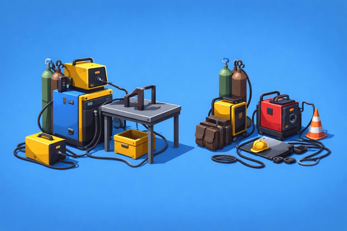 Portable welding equipment and accessories, including engine-driven welders, gas cylinders, and tools, on a blue background, illustrating field service welding gear for industrial applications.