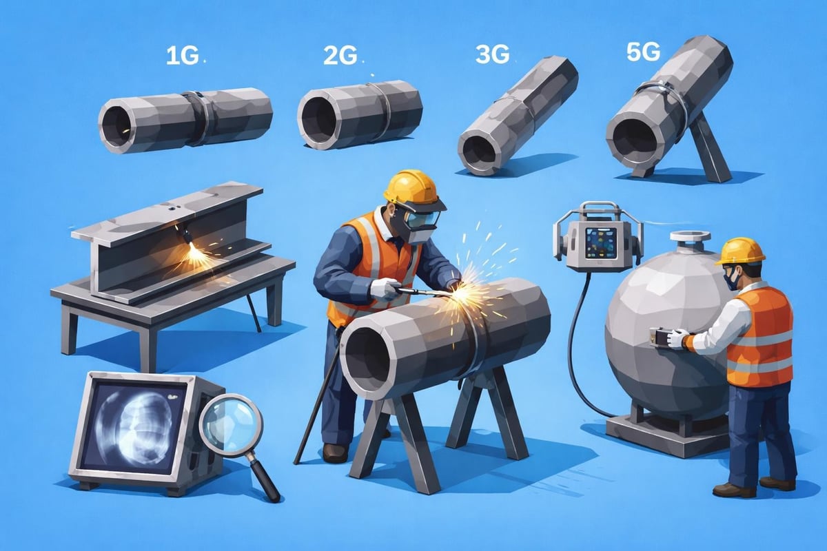 Illustration of welding techniques, featuring various pipe orientations (1G, 2G, 3G, 5G), a welder in action with sparks, a welding table, an X-ray machine, and a pressure vessel, emphasizing industrial welding processes and safety standards.